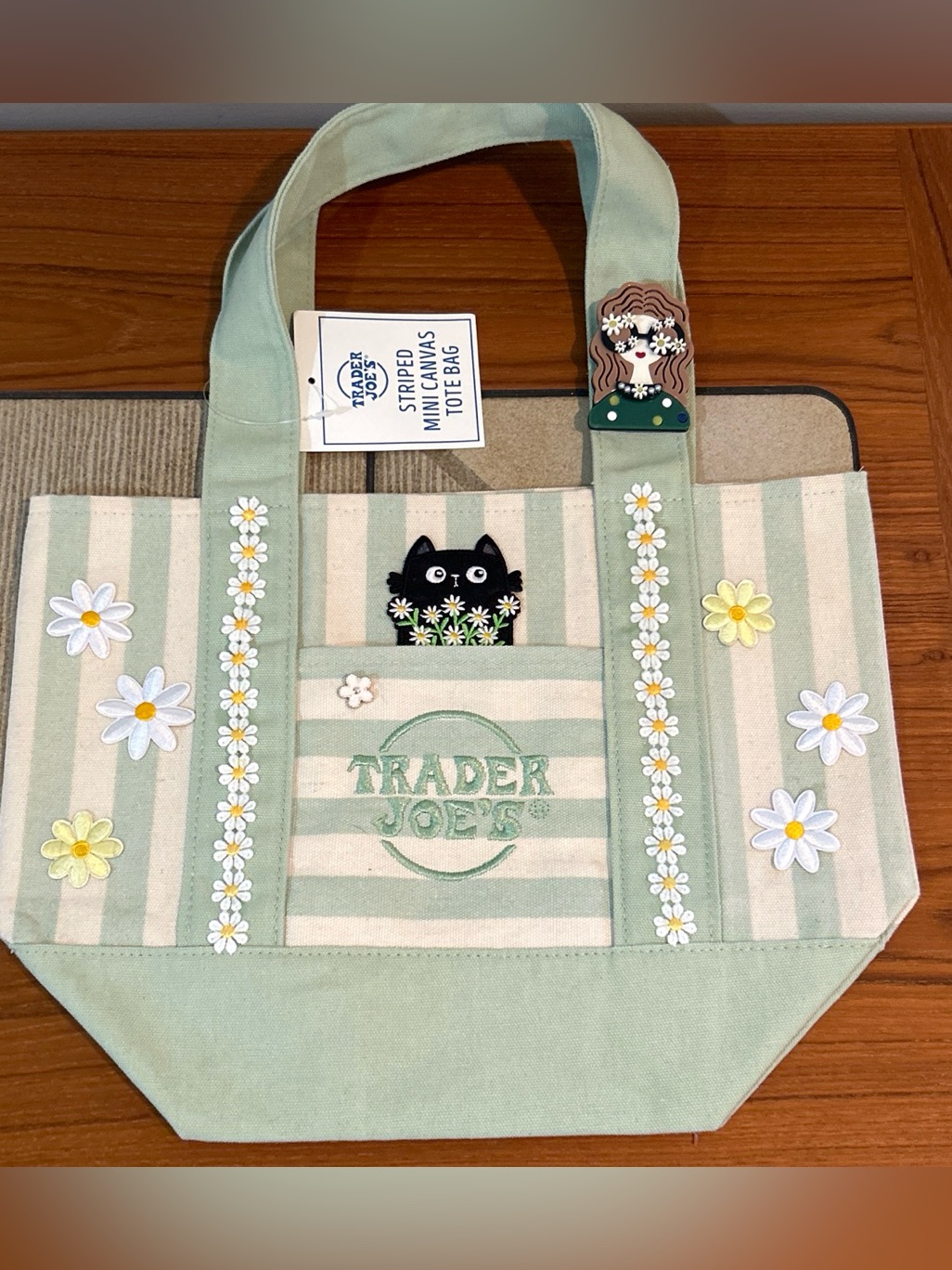 Upcycled Trader Joe's Mint Striped Canvas Tote Bag With Daisy Accents
